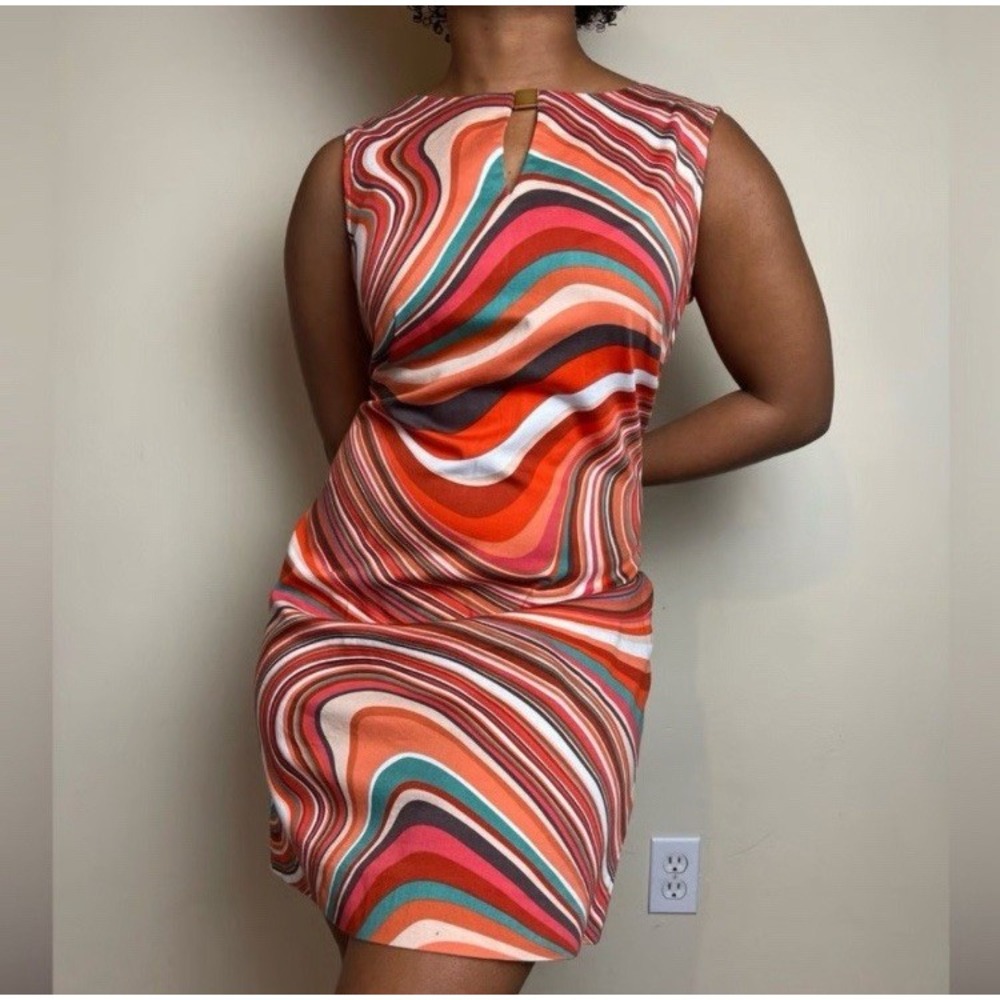 TAHARI Women's‎ 4 Shift Dress Orange Swirls Retro 60's Groovy Sleeveless
